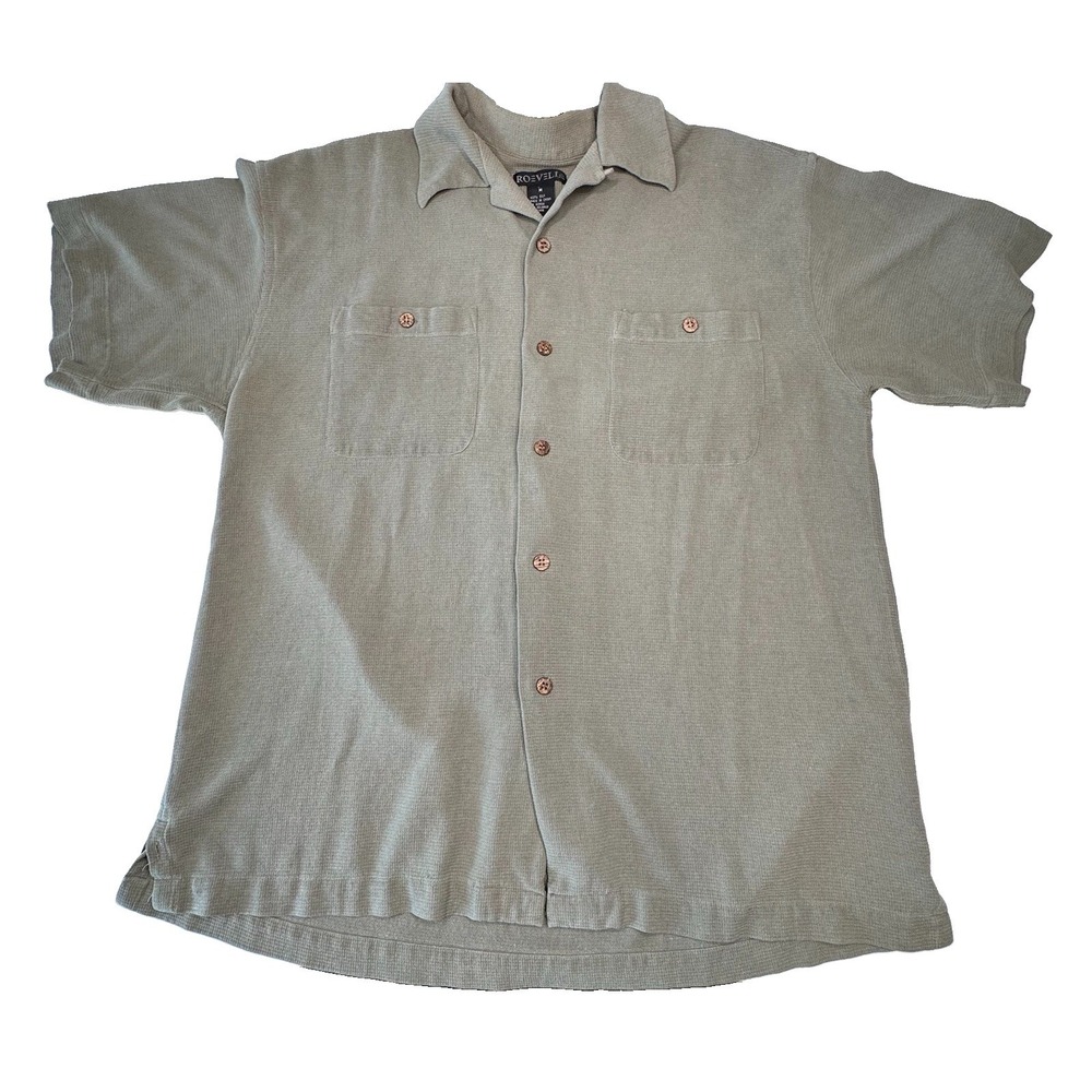 Vintage Roevelle 100% Silk Button Down Shirt Mens Size M Short Sleeve Beige Top